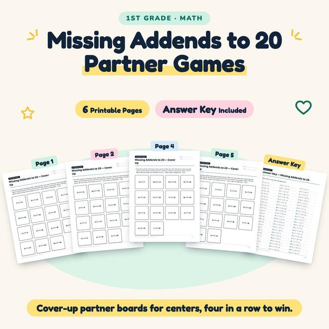 Missing Addends to 20 Partner Games | 1st Grade (6 Pages) — cover