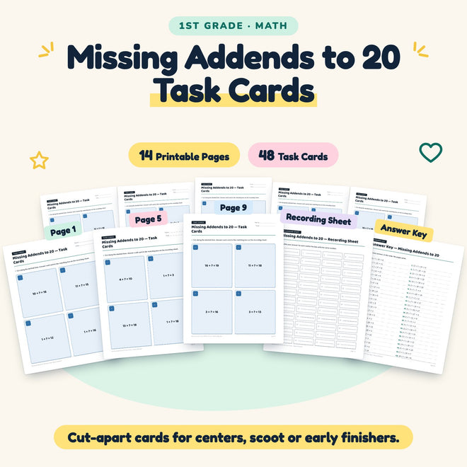 Missing Addends to 20 Task Cards | 1st Grade Math (48 Cards) — cover