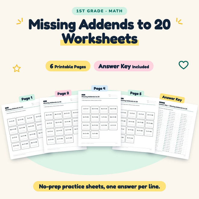 Missing Addends to 20 Worksheets | 1st Grade Math (6 Pages) — cover