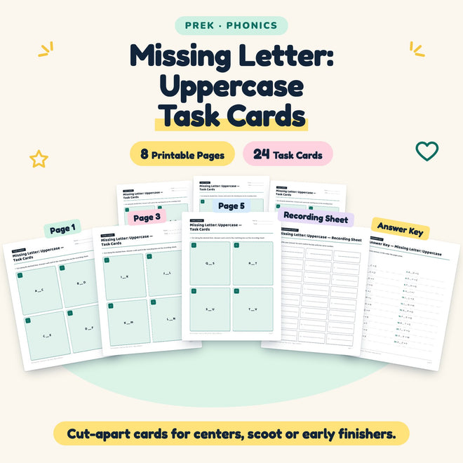 Missing Letter: Uppercase Task Cards | Preschool (24 Cards) — cover