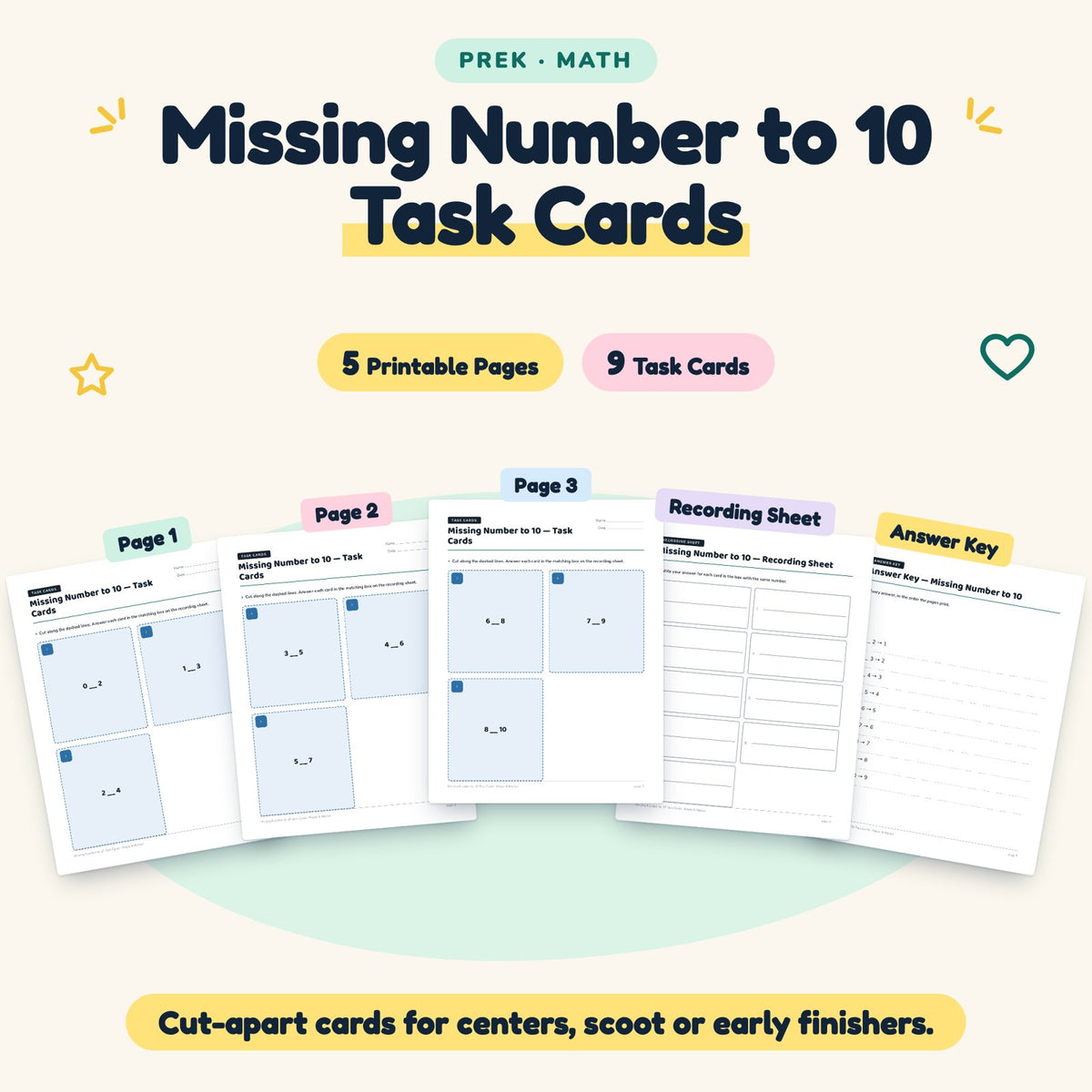 Missing Number to 10 Task Cards | Preschool Math (9 Cards) — cover