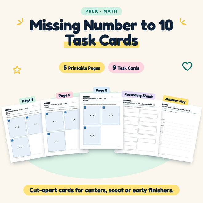 Missing Number to 10 Task Cards | Preschool Math (9 Cards) — cover