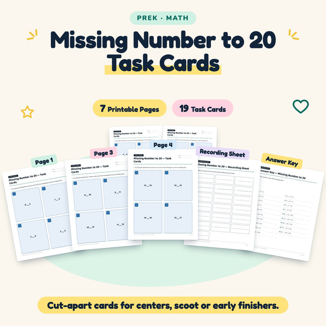 Missing Number to 20 Task Cards | Preschool Math (19 Cards) — cover