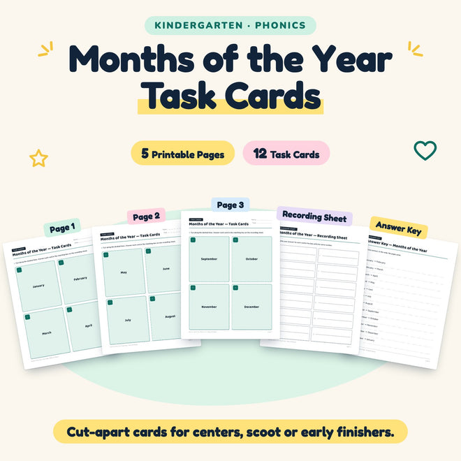 Months of the Year Task Cards | Kindergarten (12 Cards) — cover