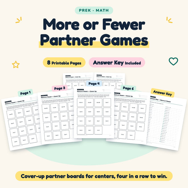 More or Fewer Partner Games | Preschool Math (8 Pages) — cover