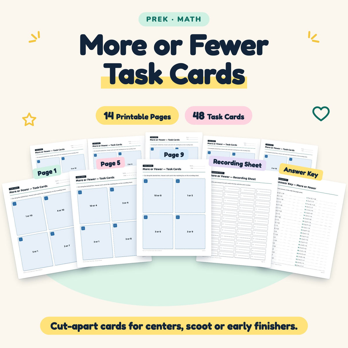 More or Fewer Task Cards | Preschool Math (48 Cards) — cover