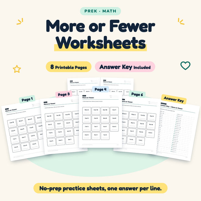 More or Fewer Worksheets | Preschool Math (8 Pages) — cover