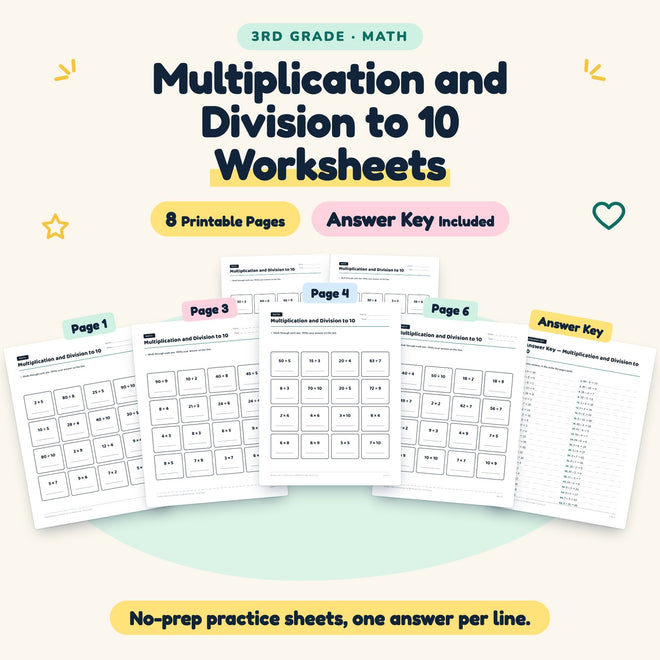 Multiplication and Division to 10 Worksheets | 3rd Grade — cover