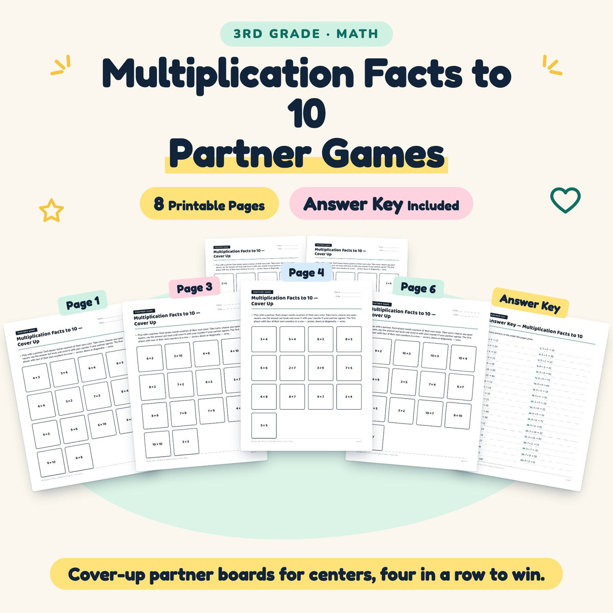 Multiplication Facts to 10 Partner Games | 3rd Grade Math — cover