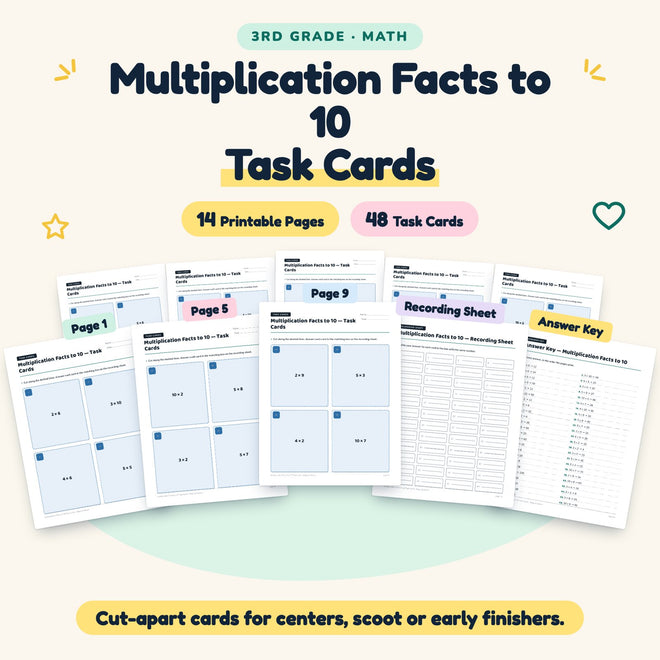 Multiplication Facts to 10 Task Cards | 3rd Grade (48 Cards) — cover