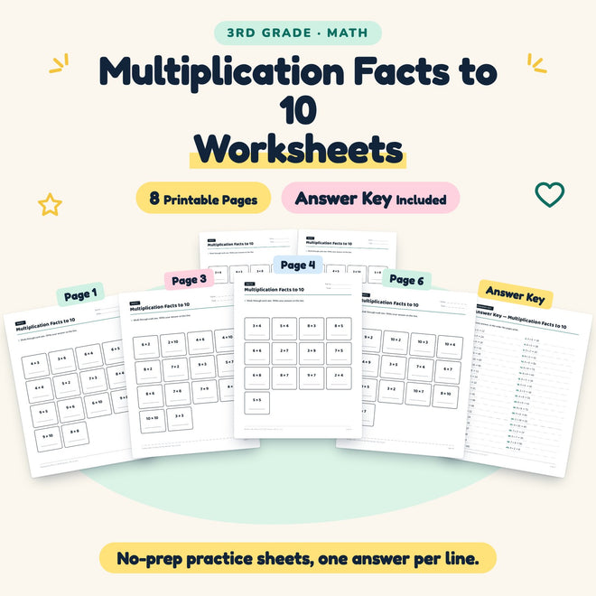 Multiplication Facts to 10 Worksheets | 3rd Grade (8 Pages) — cover