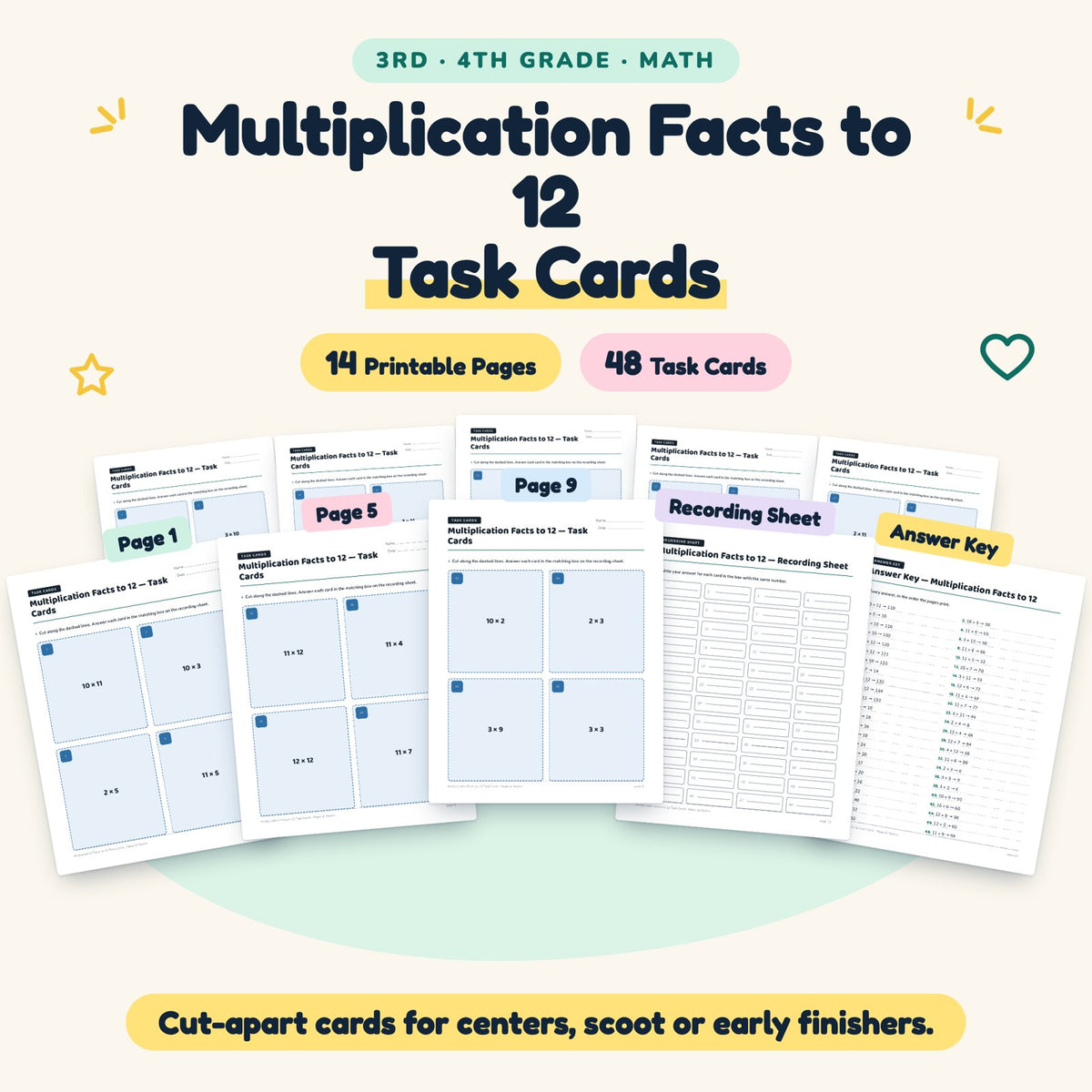 Multiplication Facts to 12 Task Cards | 3rd–4th Grade Math — cover