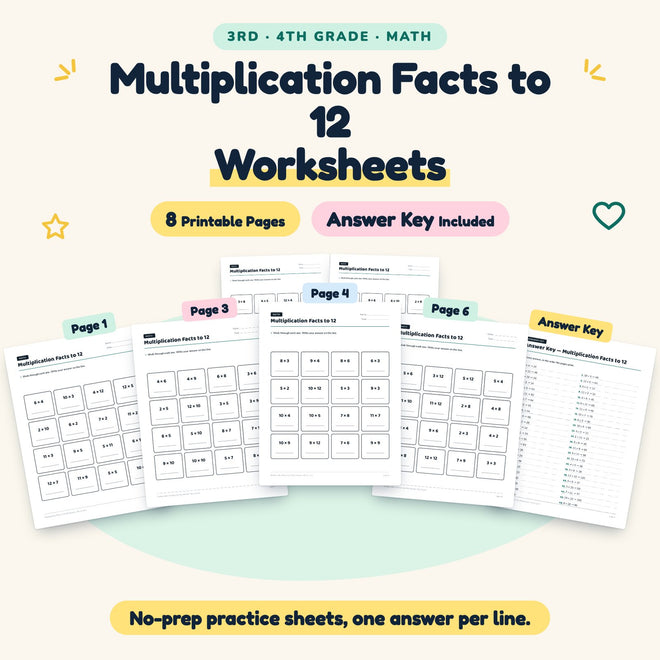 Multiplication Facts to 12 Worksheets | 3rd–4th Grade Math — cover