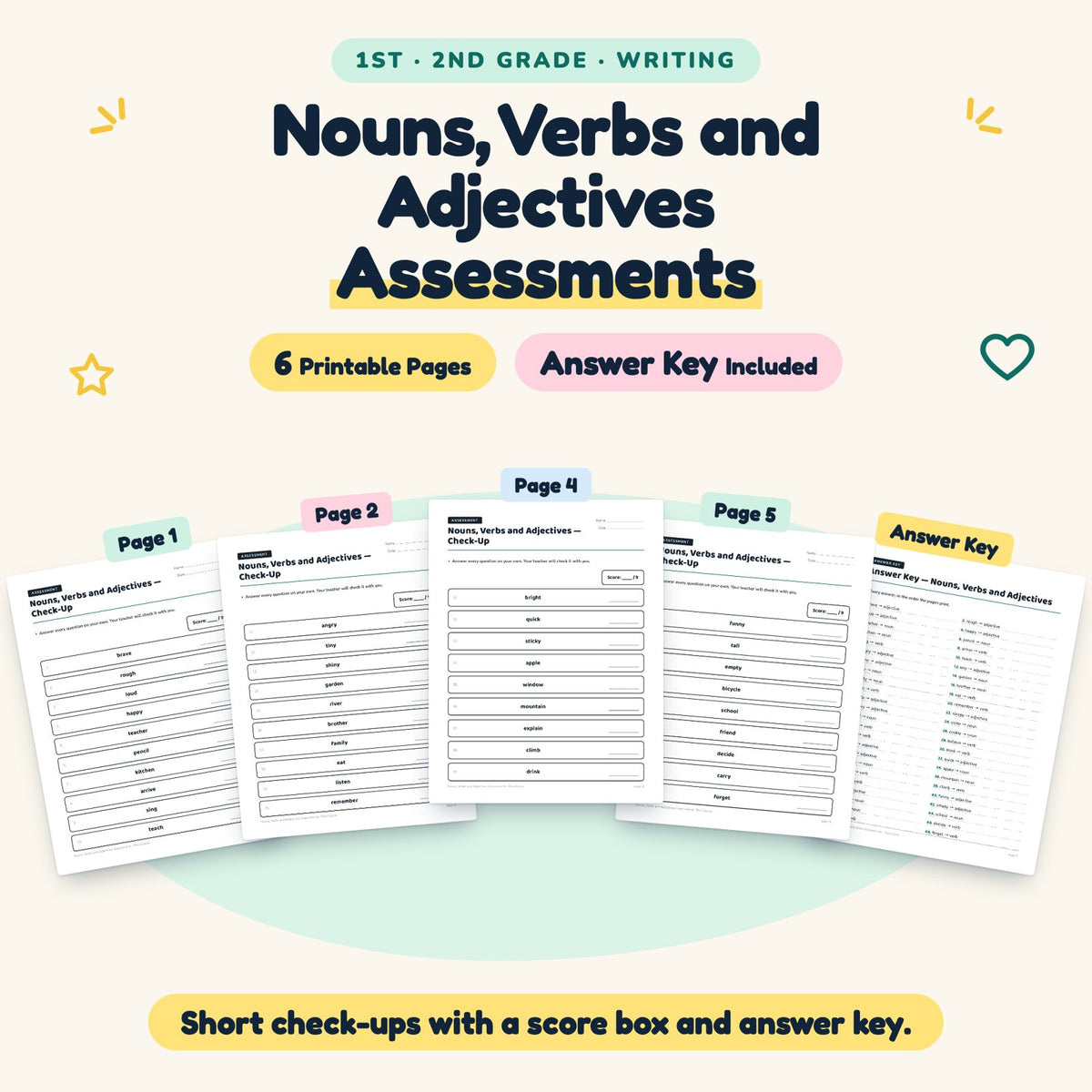 Nouns, Verbs and Adjectives Assessments | 1st–2nd Grade — cover