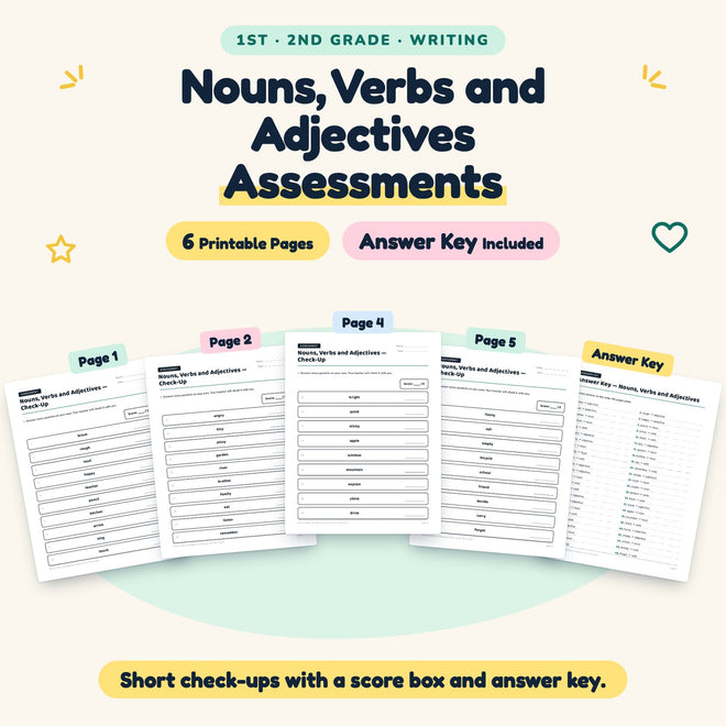 Nouns, Verbs and Adjectives Assessments | 1st–2nd Grade — cover