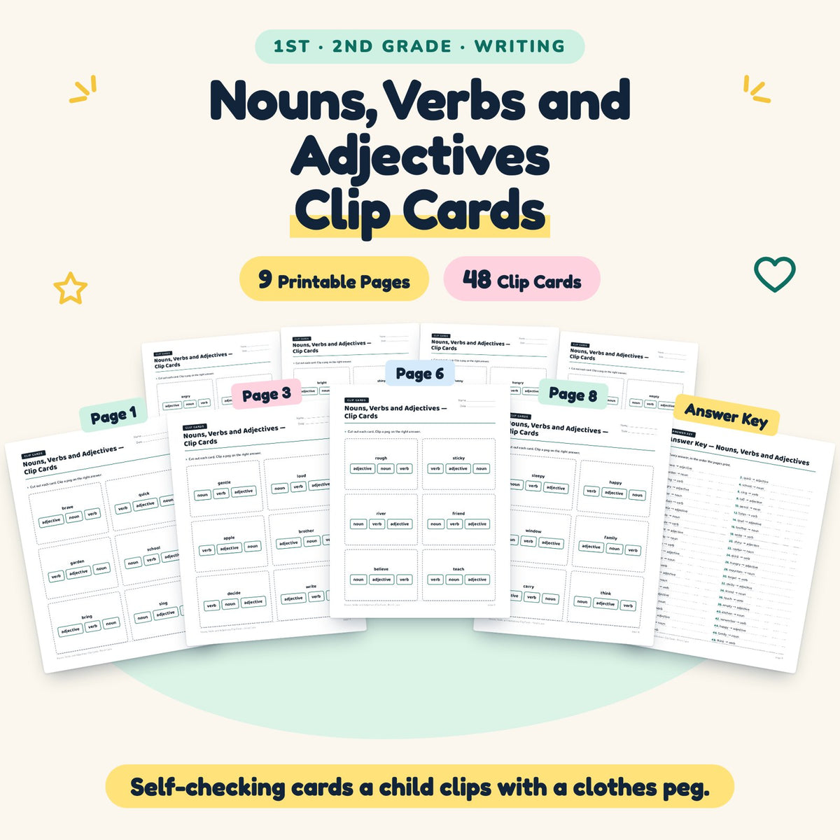 Nouns, Verbs and Adjectives Clip Cards | 1st–2nd Grade — cover