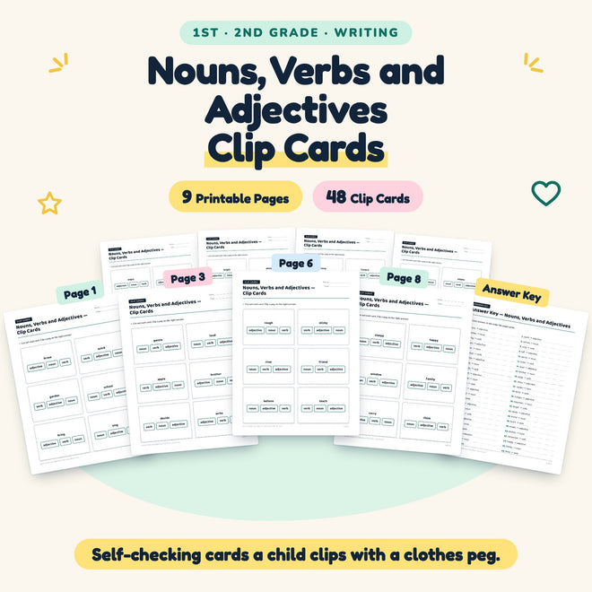 Nouns, Verbs and Adjectives Clip Cards | 1st–2nd Grade — cover