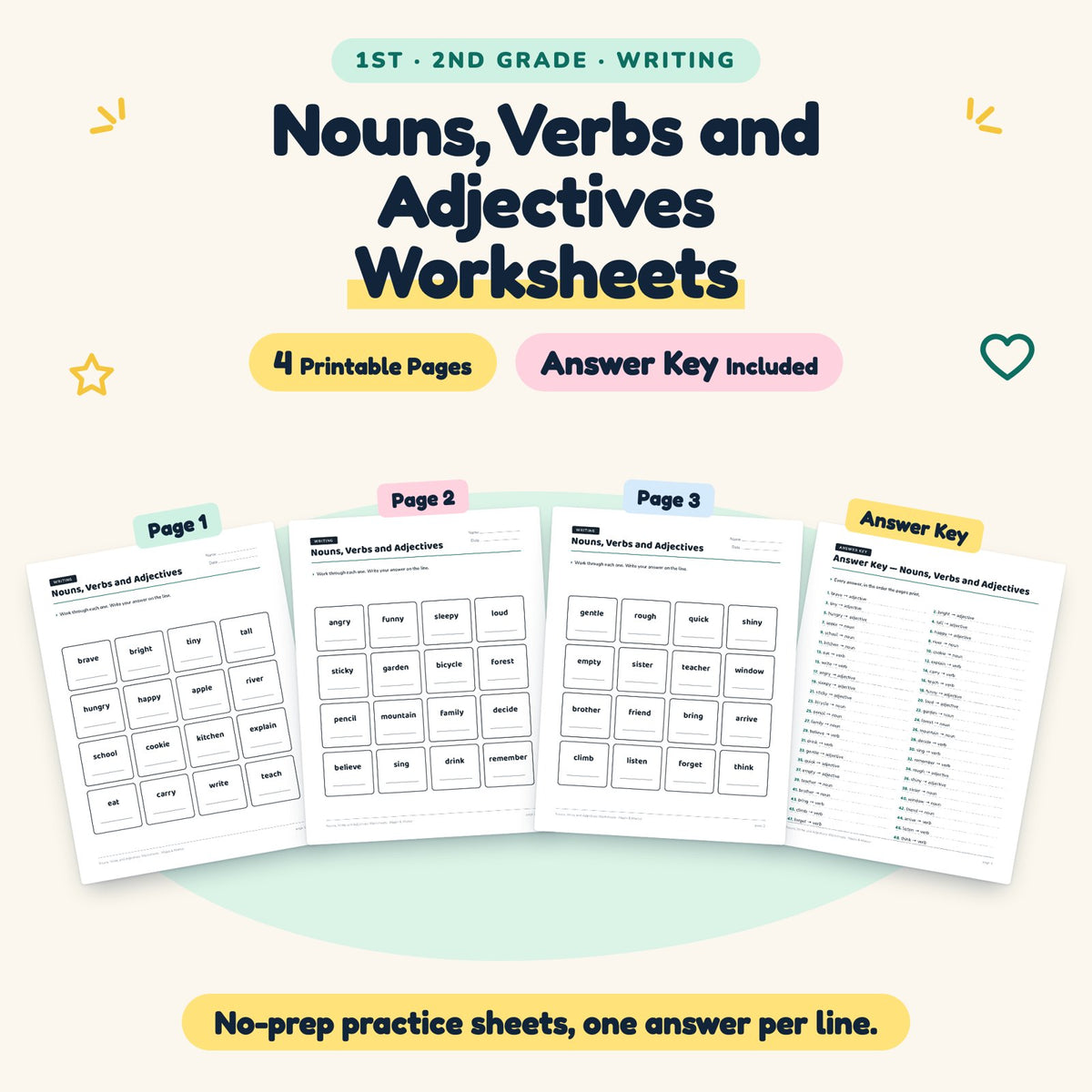 FREE 4 Nouns, Verbs and Adjectives Worksheets — cover