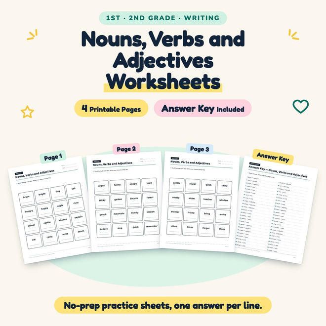 FREE 4 Nouns, Verbs and Adjectives Worksheets — cover