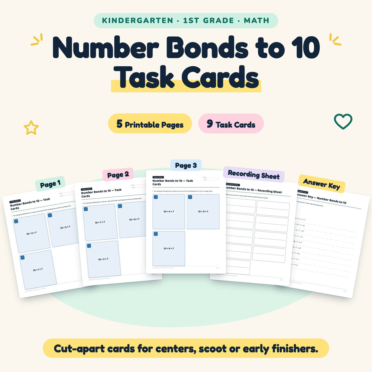 Number Bonds to 10 Task Cards | K–1st Grade Math (9 Cards) — cover