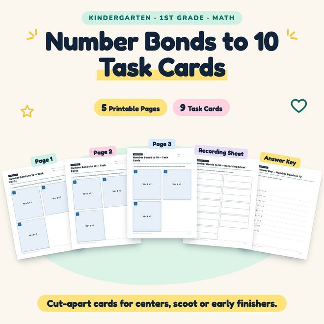 Number Bonds to 10 Task Cards | K–1st Grade Math (9 Cards) — cover