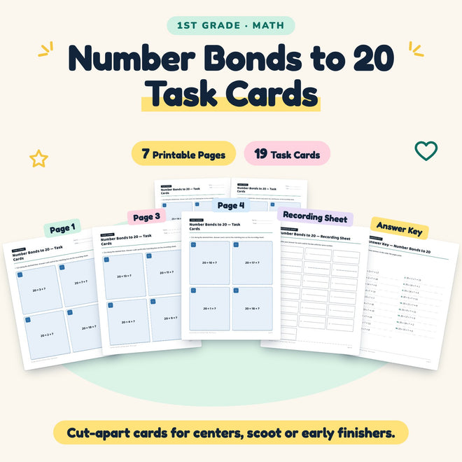 Number Bonds to 20 Task Cards | 1st Grade Math (19 Cards) — cover