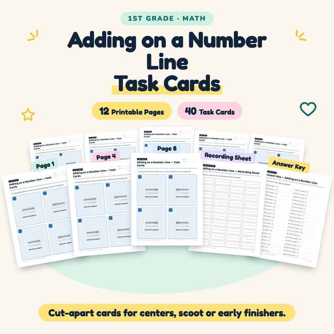 Adding on a Number Line Task Cards | 1st Grade (40 Cards) — cover