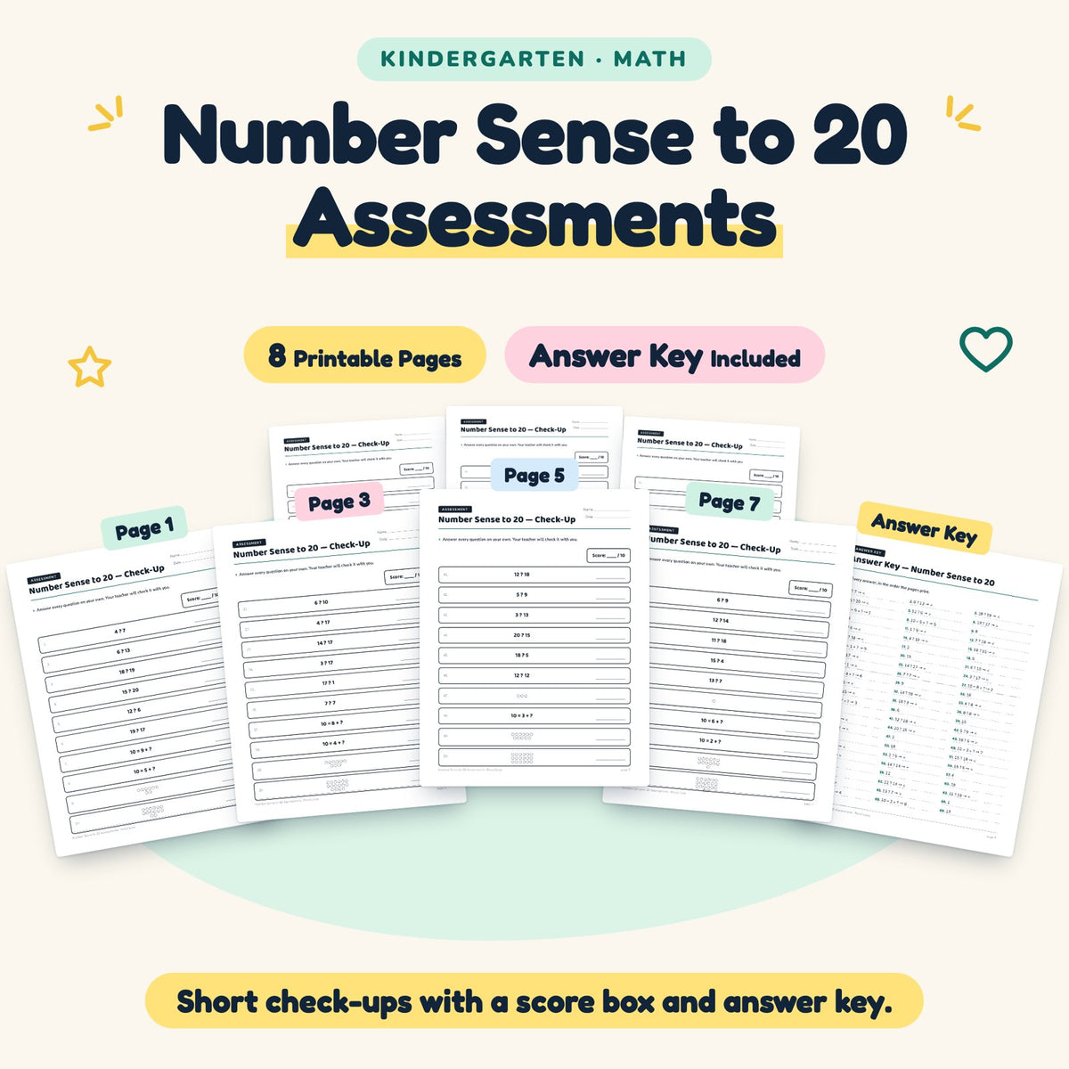 Number Sense to 20 Assessments | Kindergarten Math (7 Pages) — cover