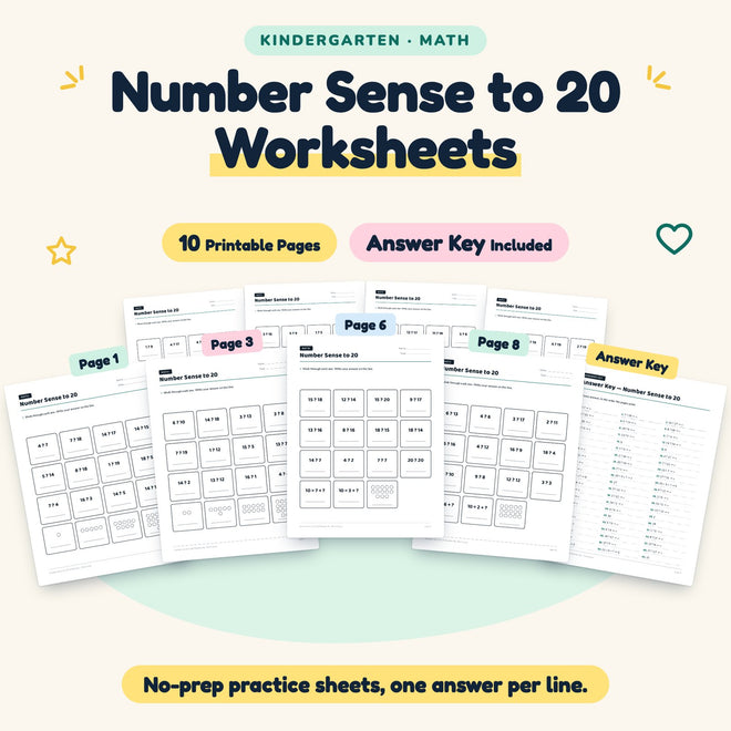 Number Sense to 20 Worksheets | Kindergarten Math (8 Pages) — cover