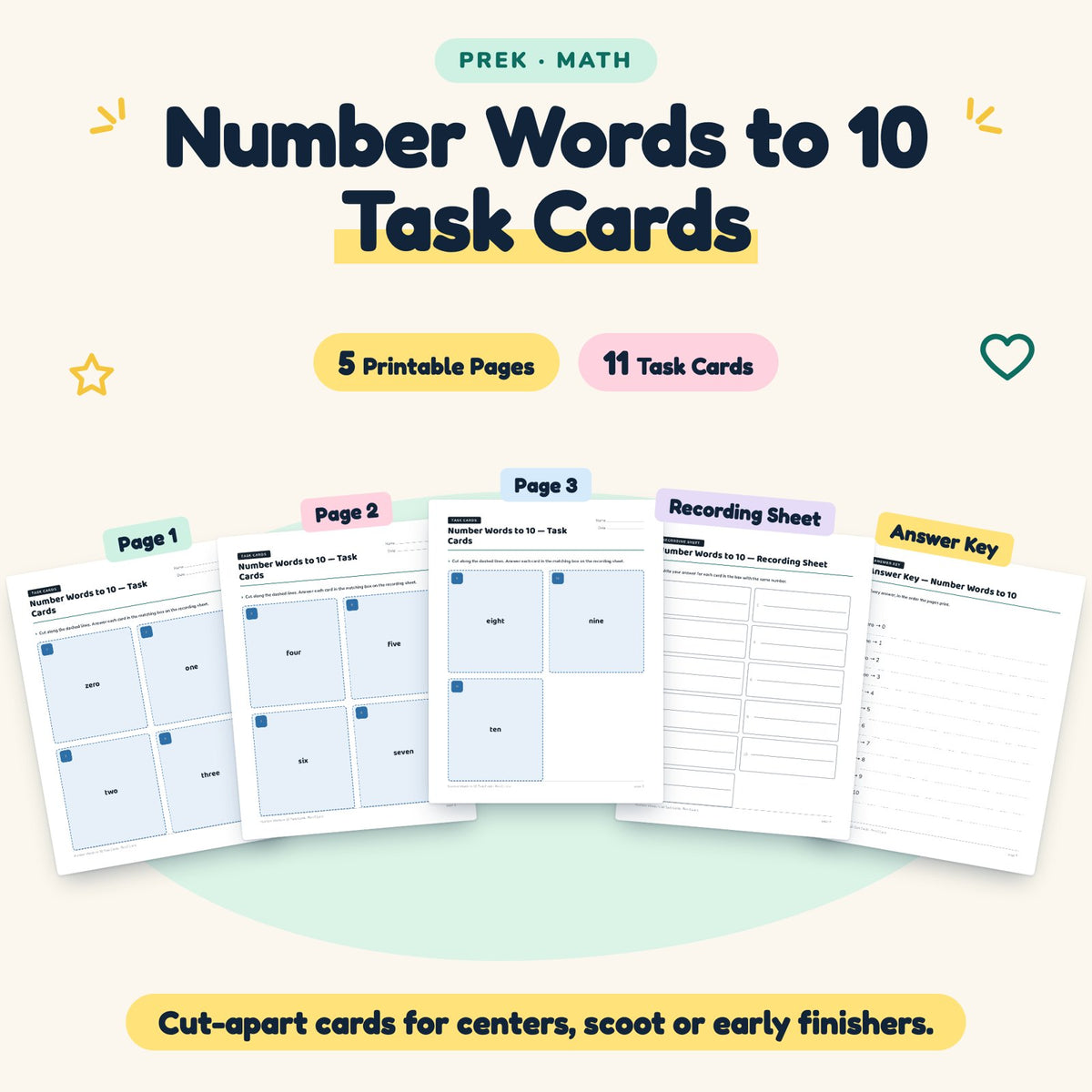Number Words to 10 Task Cards | Preschool Math (11 Cards) — cover