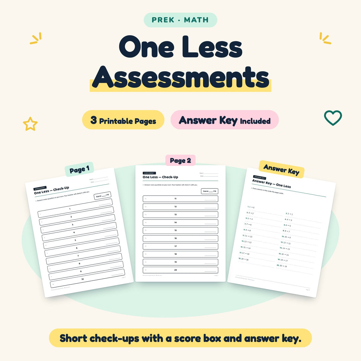 One Less Assessments | Preschool Math (3 Pages) — cover