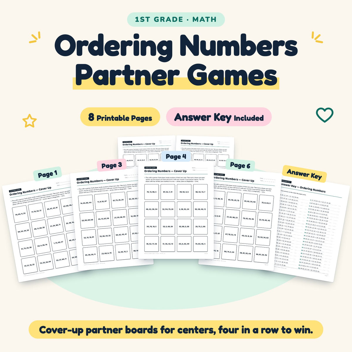 Ordering Numbers Partner Games | 1st Grade Math (4 Pages) — cover