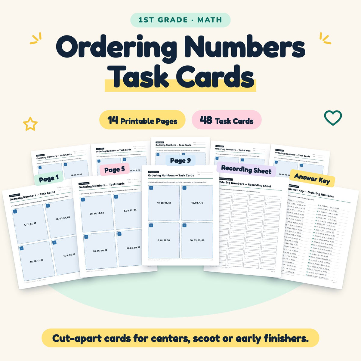 Ordering Numbers Task Cards | 1st Grade Math (48 Cards) — cover