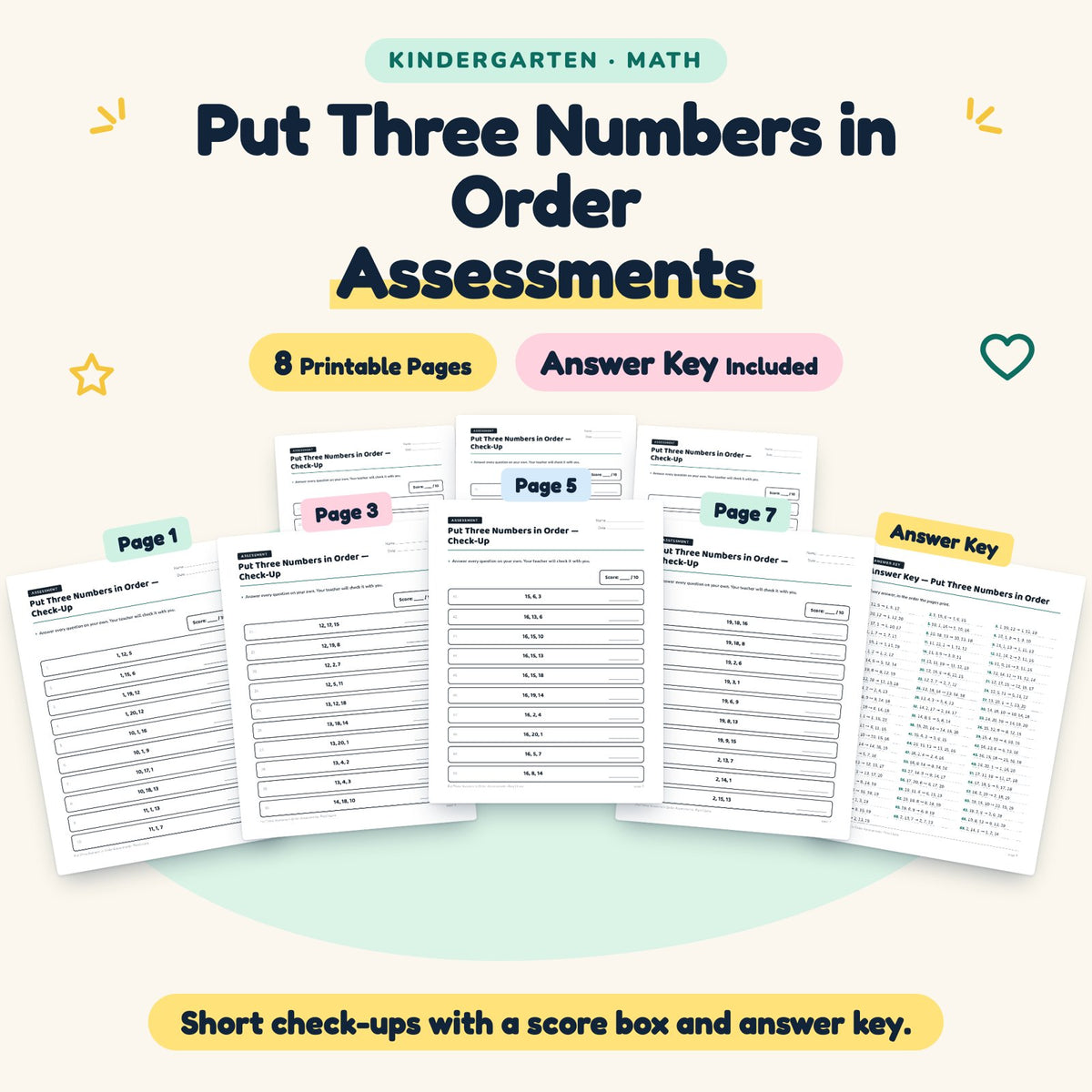 Put Three Numbers in Order Assessments | Kindergarten Math — cover