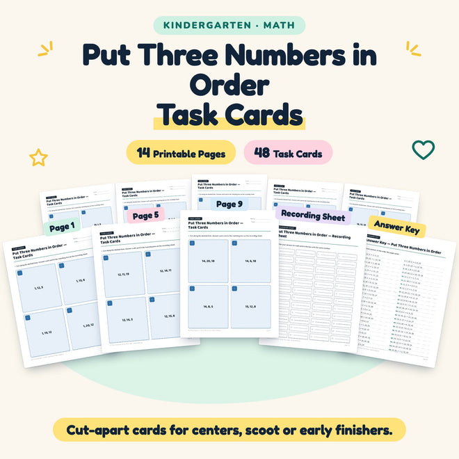 Put Three Numbers in Order Task Cards | Kindergarten Math — cover