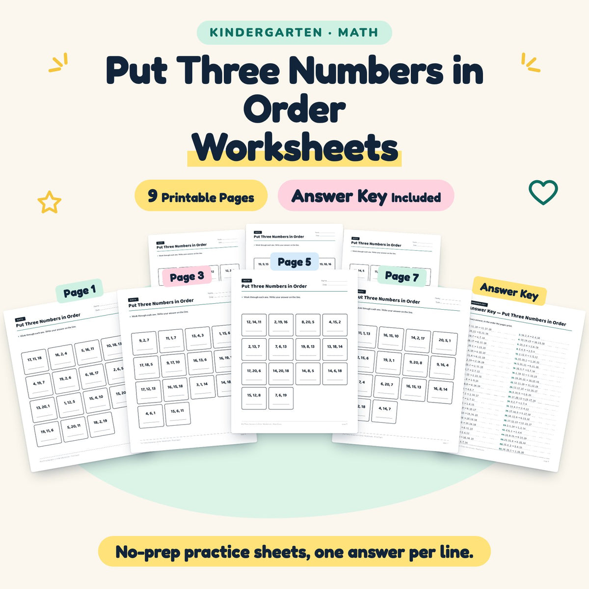 Put Three Numbers in Order Worksheets | Kindergarten Math — cover