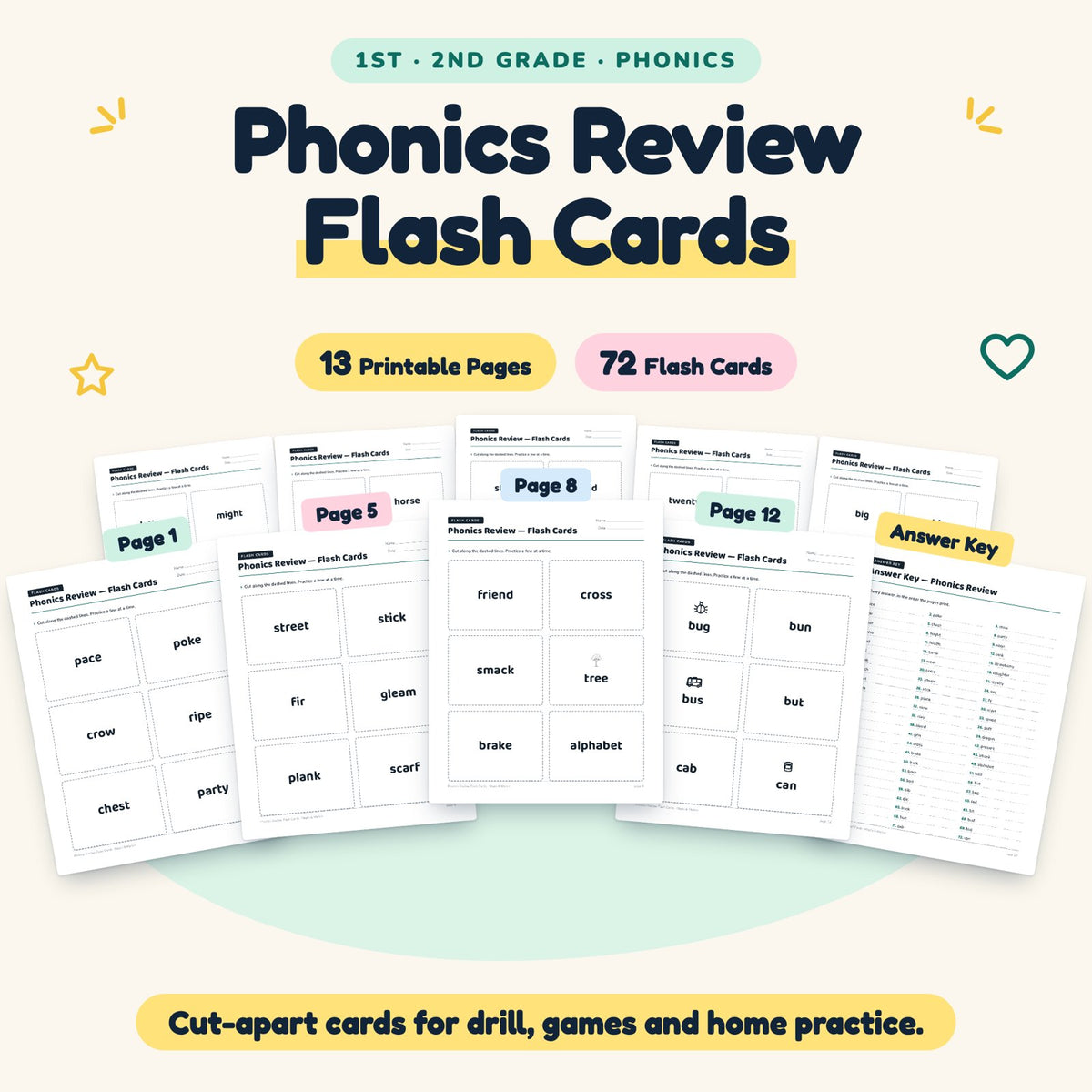Phonics Review Flash Cards | 1st–2nd Grade (72 Cards) — cover