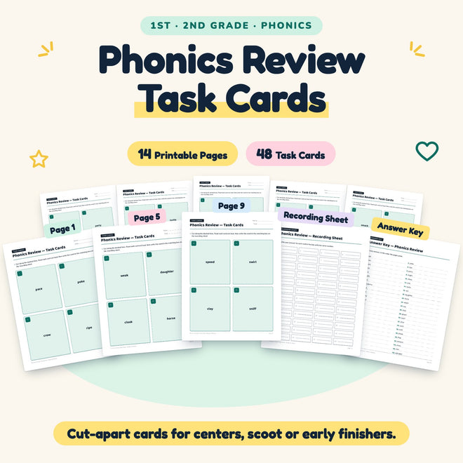 Phonics Review Task Cards | 1st–2nd Grade (48 Cards) — cover