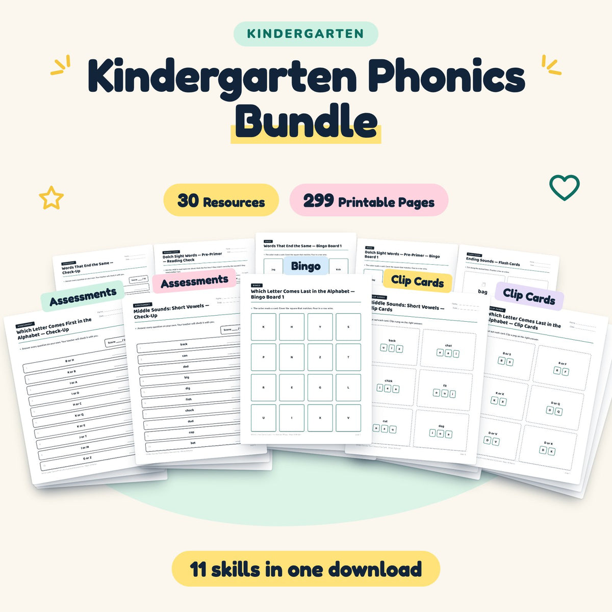Kindergarten Phonics Worksheets MEGA BUNDLE (32 Resources) — cover