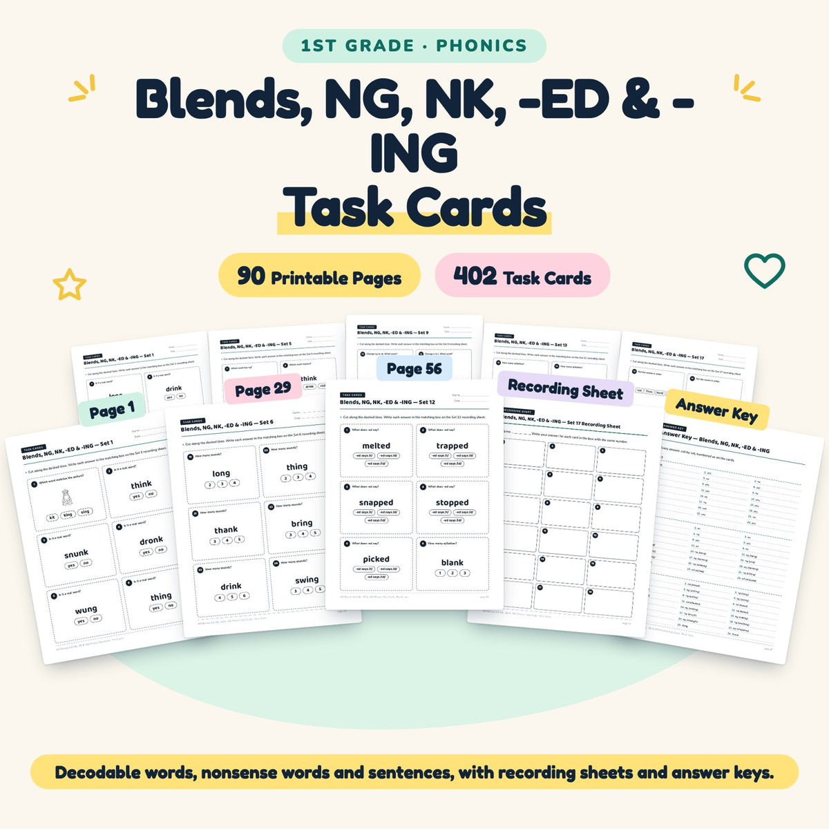 402 Blends, NG, NK, -ED & -ING Phonics Task Cards — cover