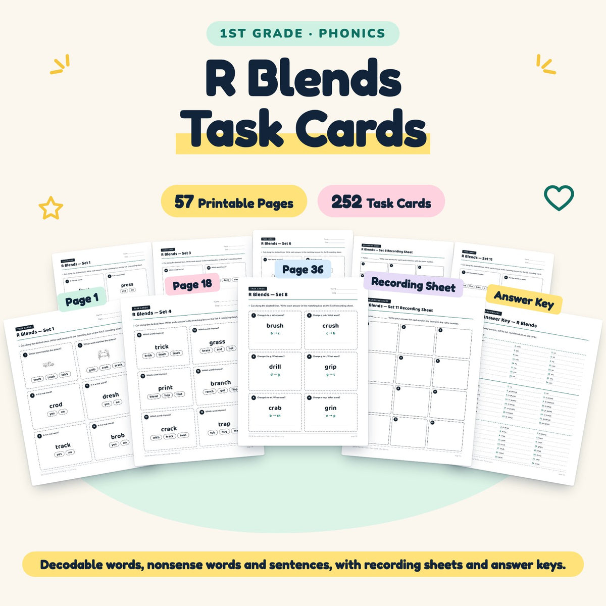 252 R Blends Phonics Task Cards — cover
