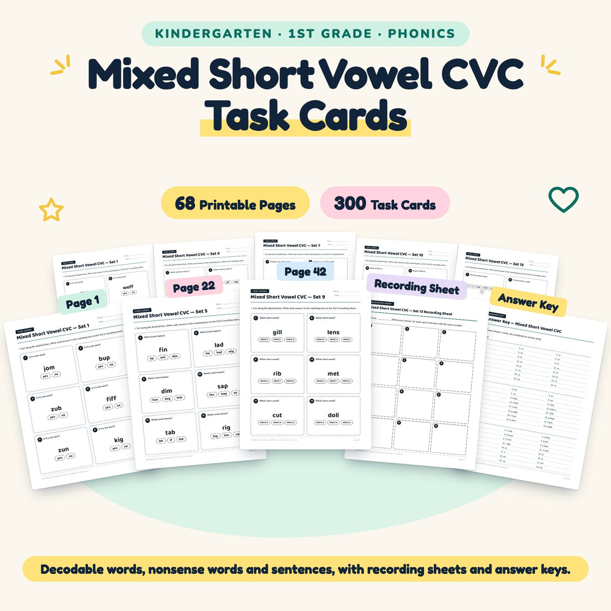 300 Mixed Short Vowel CVC Phonics Task Cards — cover
