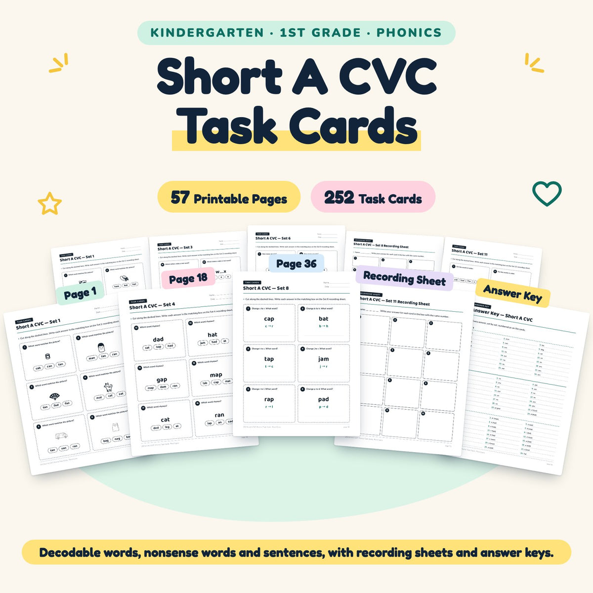 252 Short A CVC Phonics Task Cards — cover