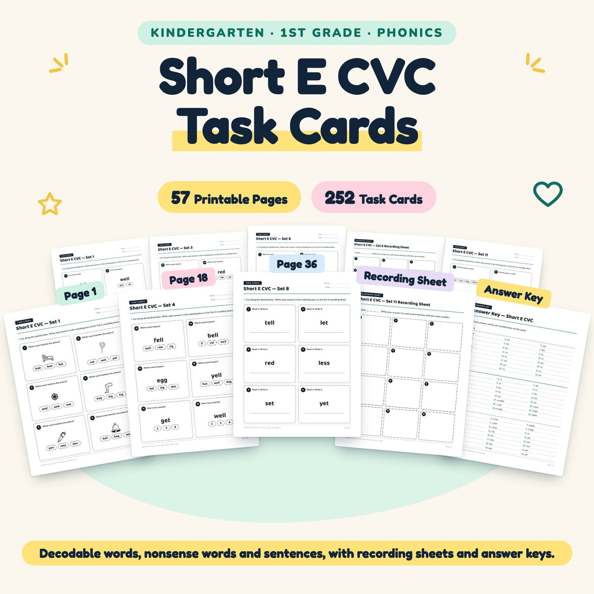 252 Short E CVC Phonics Task Cards — cover