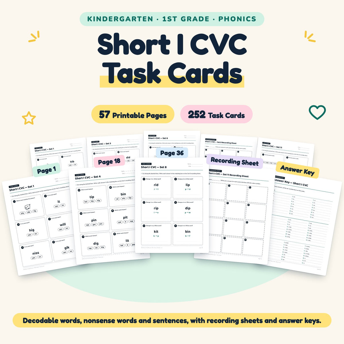 252 Short I CVC Phonics Task Cards — cover