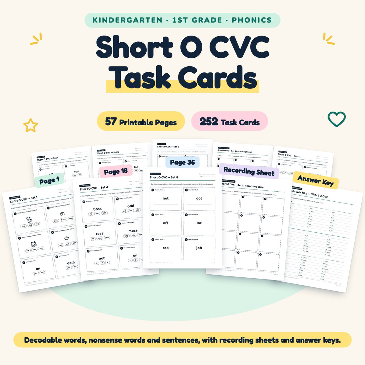 252 Short O CVC Phonics Task Cards — cover