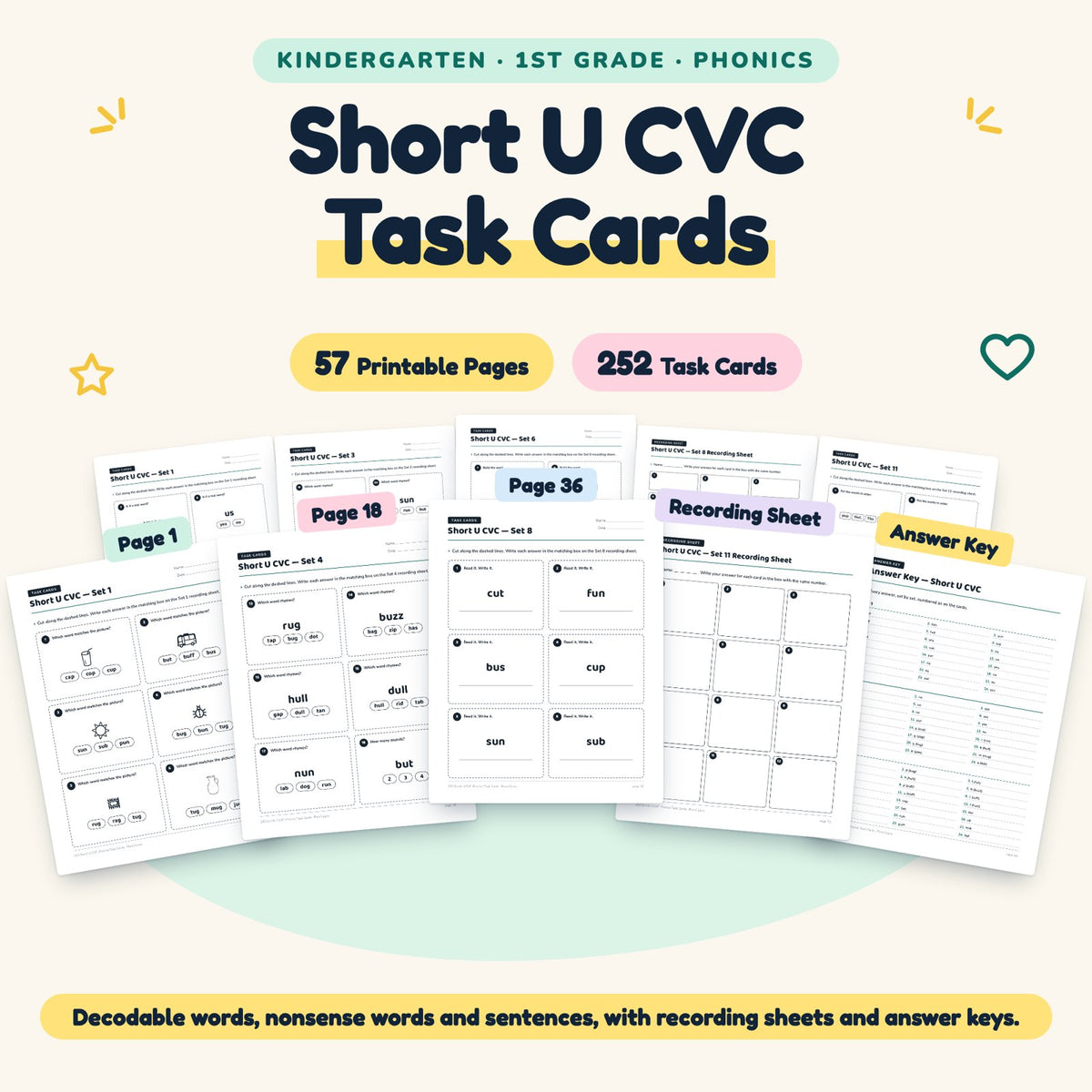 252 Short U CVC Phonics Task Cards — cover