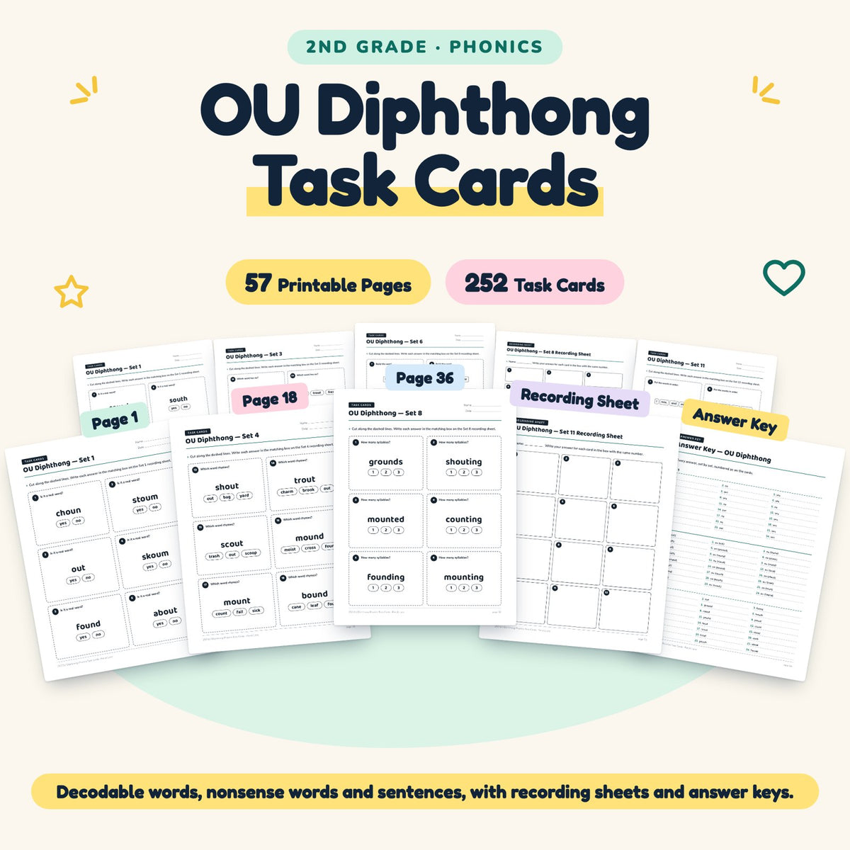252 OU Diphthong Phonics Task Cards — cover