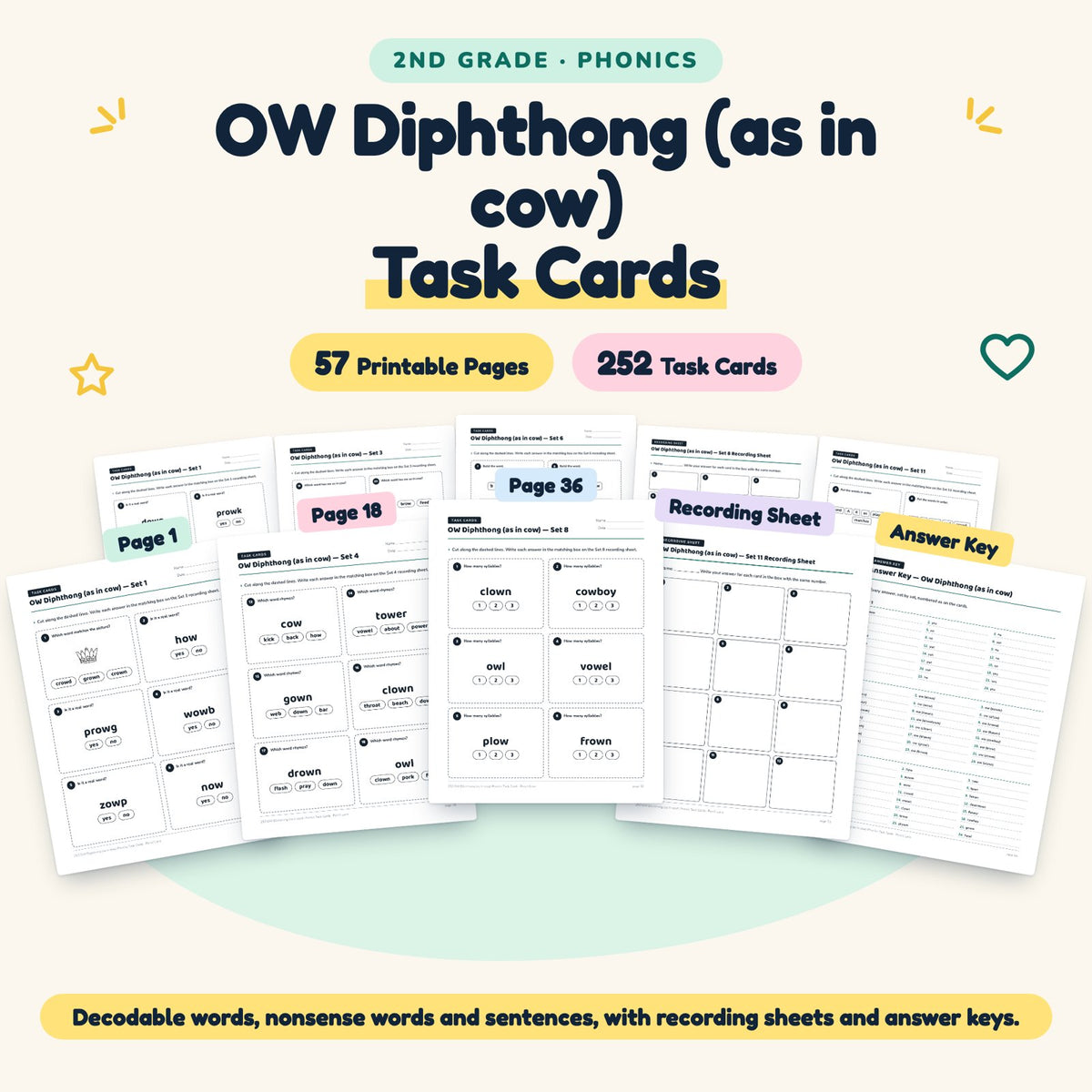 252 OW Diphthong (as in cow) Phonics Task Cards — cover