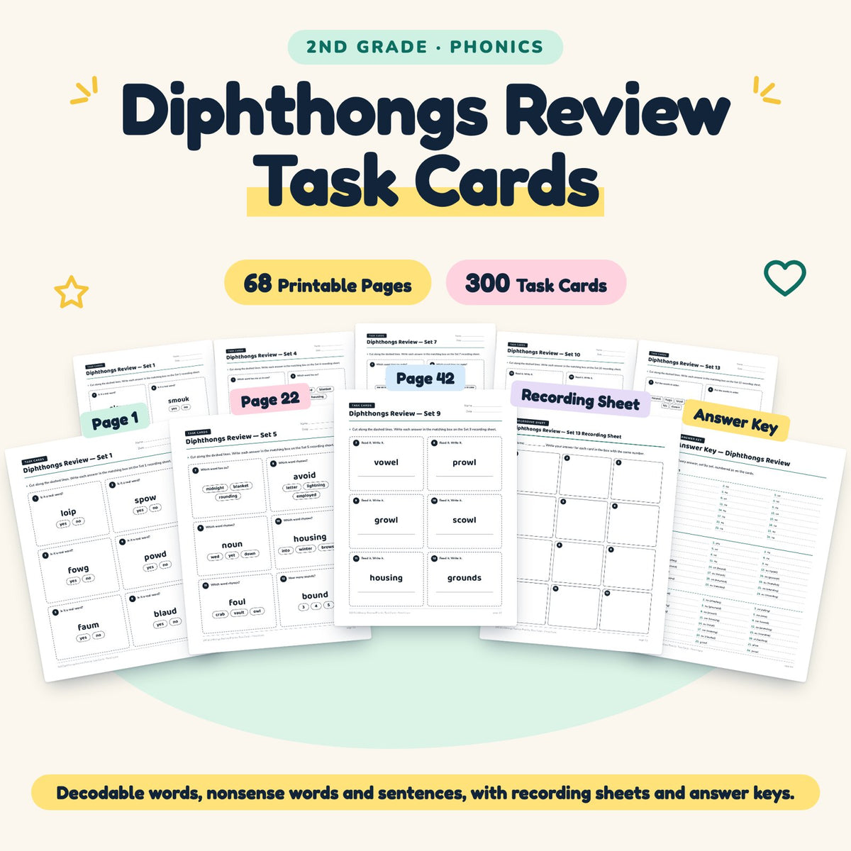 300 Diphthongs Review Phonics Task Cards — cover